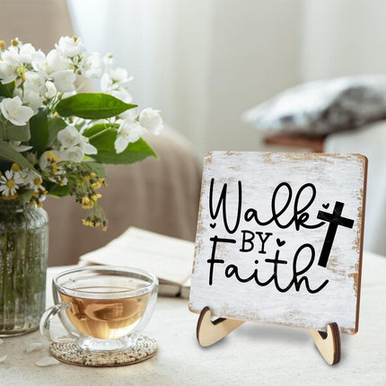 Motivational Sign Rustic Desk Decor Decorative Christian Gifts Religious Bible Verse Faith Decoration for Home Coffee Shop Office Table Shelf Tiered Tray Plaque with Wood Stand