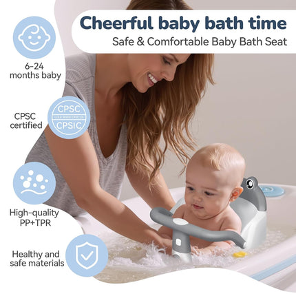Baby Bath Seat for Babies 6 Months & Up - One-Handed Snap-On Armrest Baby Bath Chair | 4 Suction Cup Non-Slip Baby Bathtub Seat with Storage Bag | Ergonomic Infant Bath Seats for Baby Sitting Up Grey