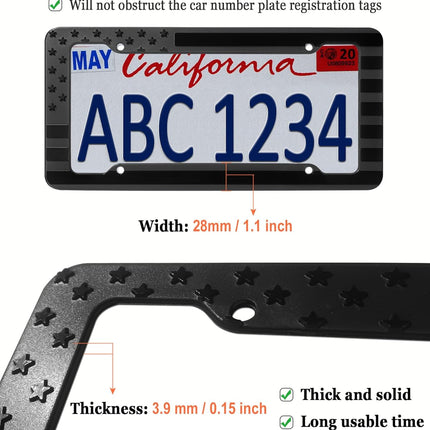BGGTMO American Flag License Plate Frame- 2 Pack Patriotic ABS Plastic Car Tag Cover with 3D USA Flag Pattern, Glossy on Matte Black, with Screws, Metal Decals