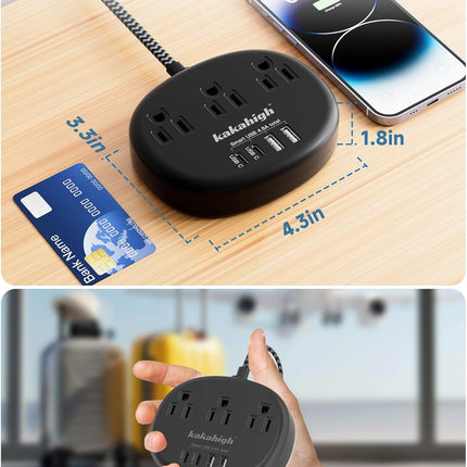 Short Extension Cord Black - Extension Cord 5 Feet, 1625W Power Strip 3 Prong with 3 AC Outlet 4 USB (24W/4.8A), Bedside Charging Station for Home, Office and Dorm