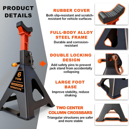 6 Ton (13,200 LBs) Jack Stands with Crossbars,Double Pin Locking,Rubber Cover,Large Foot Base,15"-22" Adjustable Height,Heavy Duty Car Jack Stands,Lifting Bus,RV,SUV,MPV,Pickup Truck,2 Pack