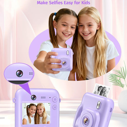 Instant Camera, Dual-Lens Kids Camera Instant Print for Boys Girls Christmas Birthday Gifts, 1080P Digital Cameras for Kids Teens with Print Paper, 32GB Card, Toddle Toy for Age 4-12 Years(Purple)