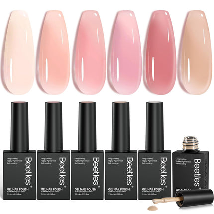 Beetles Nude Gel Nail Polish Set - 6 Colors Nude Pink Brown Neutral Jelly Gel Polish Kit Sheer Translucent Effect Soak Off UV Nail Art Design Drunken Rose Collection Manicure Gift for Women