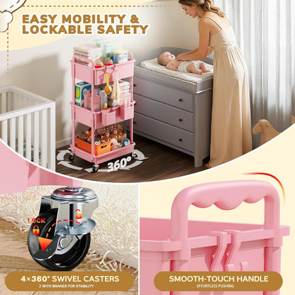 3-Tier Pink Rolling Diaper Cart with Lockable Wheels - photo 5