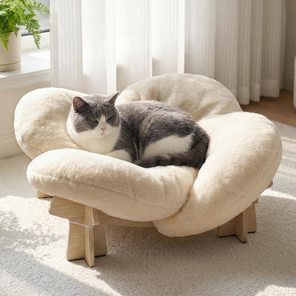 Veehoo Modern Elevated Flower Cat Bed with Washable Fluffy Cushion for Indoor Cats & Small Dogs, Wooden Raised Pet Couch Sofa, Cozy Lounge Chair Suitable for Puppy, Cat Furniture