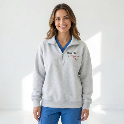 Custom Name Nurse Embroidered Quarter-Zip Sweatshirt with Title – RN Gift for Nursing Assistant or Nurse Graduation