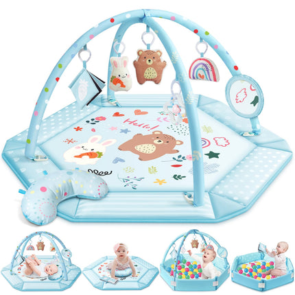 Baby Gym Play Mat, 8-in-1 Tummy Time Mat & Ball Pit with 6 Toys, Washable Baby Activity Play Mat for Visual, Hearing, Sensory, Motor Development, Baby Toys Gift for Toddler Infant 0-3-6-9-12 Month