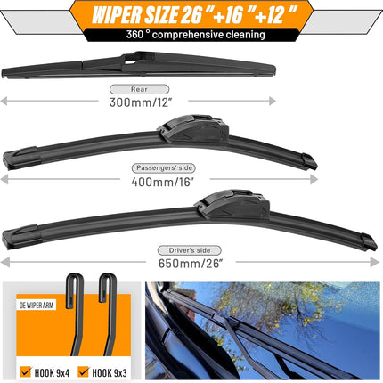 AUTOBOO 26"+16" Windshield Wipers with 12" Rear Wiper Blade Replacement for Toyota RAV4 2019 2020 2021 2022 2023 2024,Mazda 5 2015 2014 2013 2012 2011 2010-2006 -Original Factory Quality (Pack of 3)