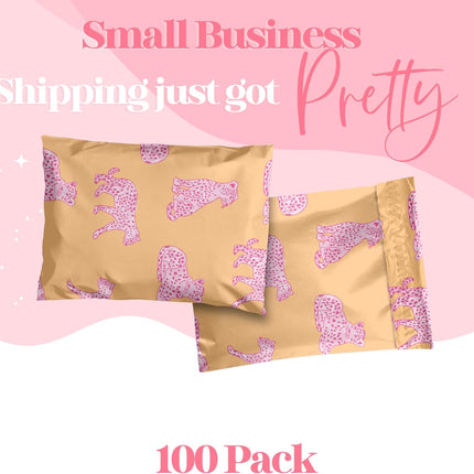 Pretty Package Store 14.5x19 Designer Poly Mailer 100 Pack Heavy Duty Waterproof Self Seal Shipping Bags for Small Business Large Mailing Envelopes Bulk Tear Resistant Packaging Pink Orange Leopard