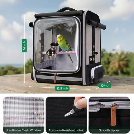 Mancro Bird Carrier Backpack for Small Birds, Cockatiel, Parrot, Bird Backpack with Tray and Standing Perch, Bird Travel Carrier Cage with Clear Window and Breathable Mesh Front for Vet Visits
