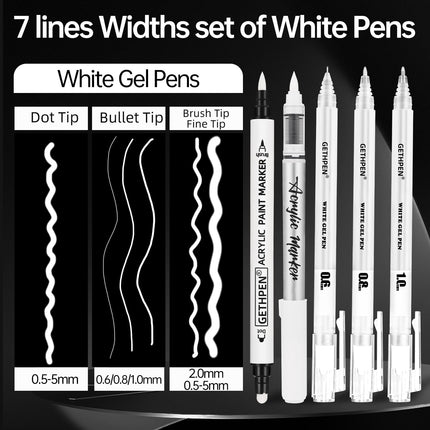 White Pens Set, White Gel Pens, Dual-Tip Acrylic Paint Pen, 7 Pack