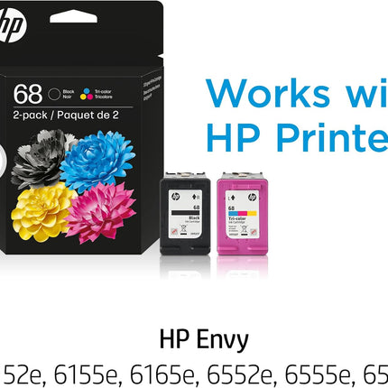 HP 68 Black/Tri-Color Ink Cartridges (2-Pack) | Works Envy 6100e, 6500e Series | Eligible for Instant Ink | 6L6S2TN | Packaging May Vary