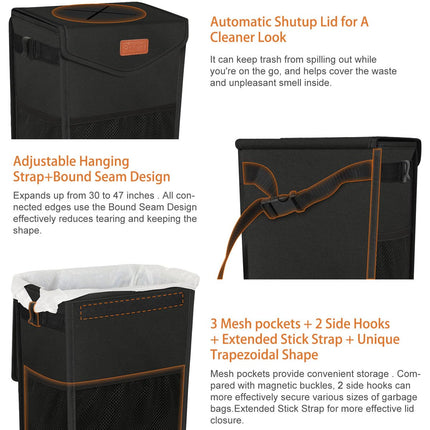 Pritent Car Trash Can with Lid, Cute Leakproof Car Trash Garbage Bag Hanging Vehicle Trash Bin Small Portable Automotive Garbage Cans Organizer for Back/Front Seat/Console(Trapezoid,Black)