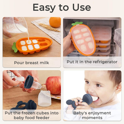Baby Fruit Feeder 2 Pack with Freezer Tray, 4 Silicone Pouches in 3 Sizes, Breastmilk Popsicle Mold, Food Feeder Pacifier and Silicone Teether, 4+ Months