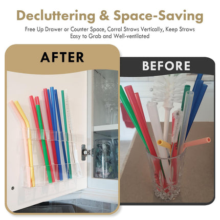 Acrylic Straw Holder for Cabinet Door - Organizer & Dispenser with Smooth Rounded Edges for Kitchen Accessories Storage, Adhesive Circles Included (Clear Transparent)