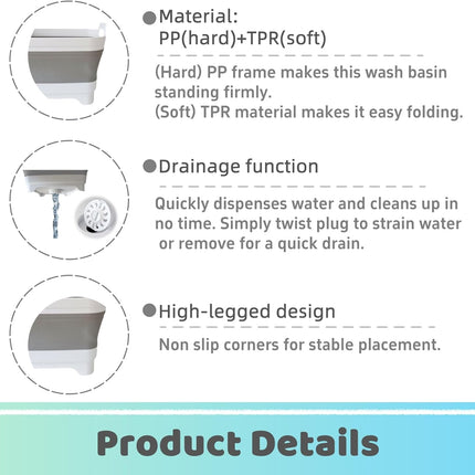 GIMWA Collapsible Wash Basin with Drain Plug - 2.4 Gallon Foldable Kitchen Sink for Baby Bottles, RV Camping, Space-Saving Dish Tub (Gray)