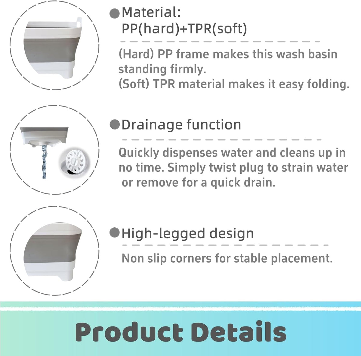 Collapsible Wash Basin with Drain Plug - 2.4 Gallon Foldable Kitchen Sink for Baby Bottles, RV Camping - photo 3