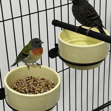 2PCS Ceramic Bird Cage Food Bowls Hanging Parrot Water Bowl Parakeet Feeding Dish Cups Lovebirds Cage Feeder for Budgie Finches Macaw Cockatiels (Yellow)