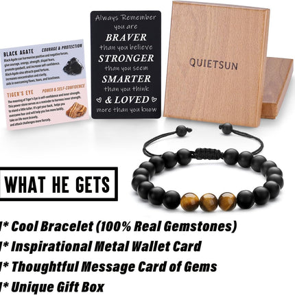 Quietsun Cool Gifts for Teen Boys/Men-Natural Gemstone Bracelet with Meaningful Metal Wallet Card in Gift Box