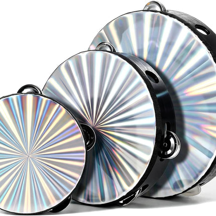 3 Pack Radiant Tambourine for Adults, 6", 8", 10" Sizes Wooden Tambourine with Double Row Metal Jingles, Reflective Hand Drums Tambourines Musical Instrument for Church, Dance, Party, KTV