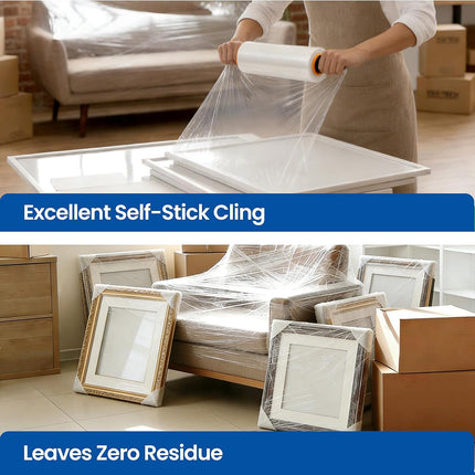 Stretch Film Wrap 15 Inch x 1200 Feet Self-Adhering Shrink Wrap Roll with Plastic Handles Industrial Strength up to 500% Stretch Wrap for Moving, Packing, Pallet Wrapping (2 Rolls, 60 Gauge)