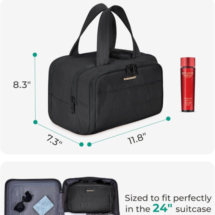 BAGSMART Travel Toiletry Bag, Lightweight Large Wide-open Travel Bag for Women, Puffy Cosmetic Makeup Bag Organizer with Handle for Accessories,Essentials, Toiletries, Black