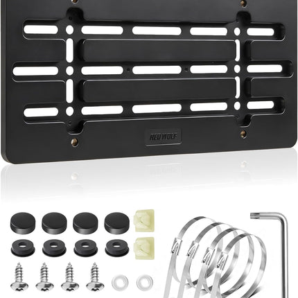 Front License Plate Bracket, No Drill Front License Plate Holder Universal for Car Truck SUV Bumper Car Tag Frame Mounting Kit w/Anti Theft Stainless Steel Screw Wrench Bolt Cap 4 Brass Nuts
