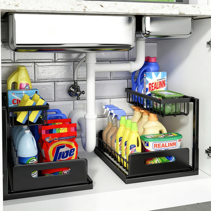 Under Sink Organizer, L-Shaped 2 Tier Pull Out Cabinet Organizer
