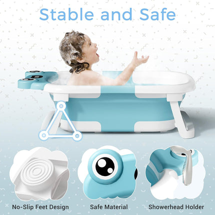 BUNWAG Baby Bathtub, Collapsible Newborn Bathtub for Infant to Toddler 0-24 Months with Soft Bath Net,Portable Travel Newborn Tub with No-Slip Feet, Baby Shower Gifts,Sky Blue