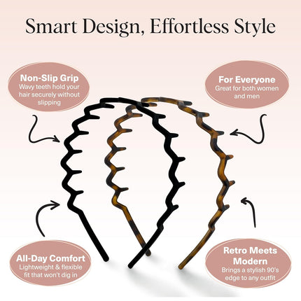 Kitsch Zig Zag Headbands for Women – Fashion Accessories for Slicked Back Styles - Comfortable Wavy Headbands | Comb Headband with Teeth | Ideal Gifts for Women - Black and Tortoise - 2 pcs