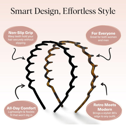 Zig Zag Headbands for Women - Black and Tortoise, 2 pcs