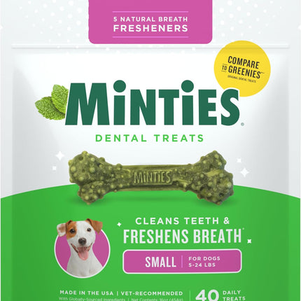 Minties Dog Dental Bone Treats, Tiny/Small Dental Dog Treats, 16 Ounces, Cleans Teeth, Fight Bad Breath, Removes Plaque and Tartar, 40 Count