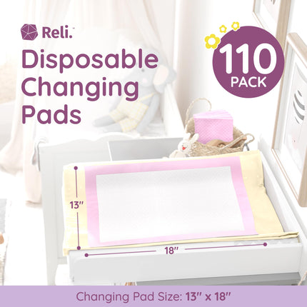 Disposable Changing Pads for Baby (110 Pack) | 13" x 18" Pink Disposable Diaper Changing Pad Liners | Super Absorbent, Leak-Proof | Waterproof, Quick Dry Underpads