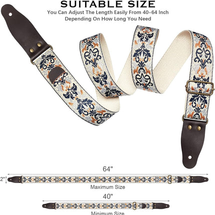 Jacquard Embroidered Guitar Strap, Genuine Cowhide Leather Ends, Adjustable for Bass Electric Acoustic