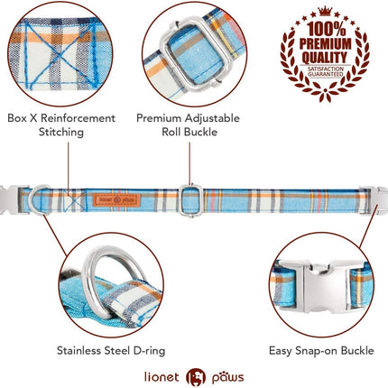 Lionet Paws Boy Dog Collar with Bowtie, Comfortable Adjustable Cute Blue Plaid Bow Tie Collar for Male Dogs Gift, Small, Neck 10-16 inches