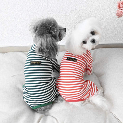 Hdwk&Hped Soft Cotton Dog Pajamas for All Seasons, Striped Pet Bottoming Jumpsuit for Small Dog Cat Puppy (#3, Striped Style - 2-Pack(red&Dark Green))
