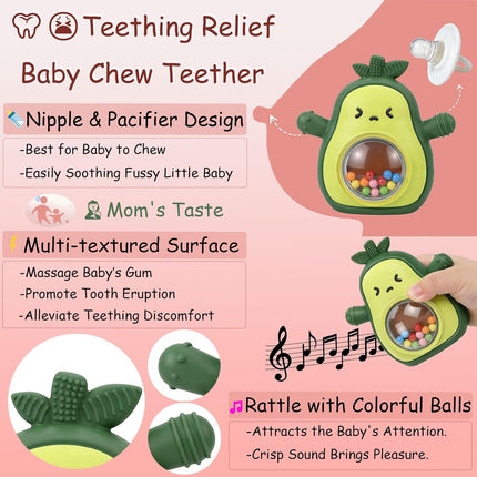 Baby Rattle Teething Toys Silicone Avocado Teething Mitten Sensory Toys for Grasping Chewing Sucking Hearing Needs-Baby Teether for Teething Relief-BPA Free Infant Toys Baby Shower Gifts (Green)