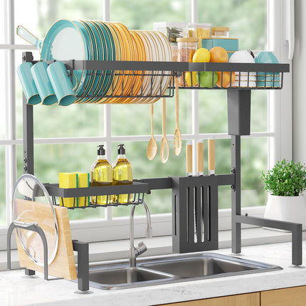 Over The Sink Dish Drying Rack - Adjustable 2 Tier Large Capacity Stainless Steel Drainer with Cutlery & Utensil Holders, Kitchen Storage & Organization, 30"-33.9" L x 11" W x 21.5" H, Black