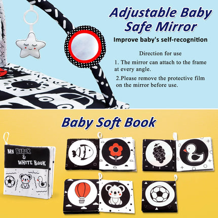 Black and White Baby Gym Play Mat with 6 Toys Tummy Time Activity Mat for Babies 0-6 6-12 Months High Contrast Baby Gyms & Playmats Sensory Toys Newborn Brain Development Infant Play Mat
