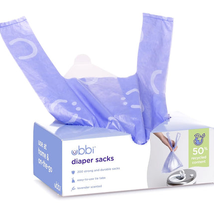 Ubbi Disposable Diaper Sacks, Lavender Scented, Easy-To-Tie Tabs, Diaper Disposal or Pet Waste Bags, 200 Count