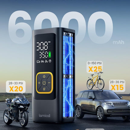 Car Tire Inflator Portable Air Compressor - Lamicall [4X Faster][150 PSI] Bike Air Pump, Rechargeable Battery, Pressure Gauge Display, LED Light, Automatic Car Cordless Pump for Motorcycle, Bike, Ball