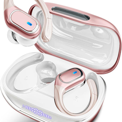 HAOYUYAN Wireless Earbuds Bluetooth 5.3 Headphones with 80H Playback, IPX7 Waterproof Over Ear Buds with LED Power Display for Sports Running Workouts（Champagne Gold）