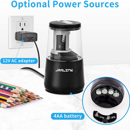 JARLINK Electric Pencil Sharpener, Heavy-Duty Helical Blade to Fast Sharpen, Auto Stop for No.2/Colored Pencils(6-8mm), AC Adapter/Battery Operated in School Classroom/Office/Home (Black)