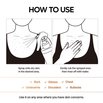 Peel Shot Kojic Acid Turmeric Body Exfoliator Spray 6.76 fl.oz - AHA PHA Niacinamide Body Scrub for KP Bumps, Dark Spots, Uneven Skin Tone, Dead Skin, Korean Skin Care
