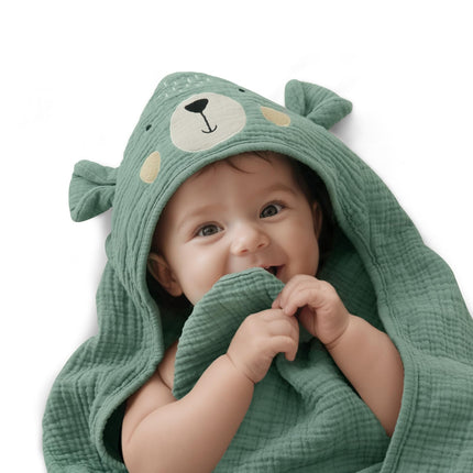 Muslin Baby Hooded Towel 2 Pack, Soft & Absorbent Bath Towel for Infant, Toddler, Unisex, Baby Gift, Newborn Essentials, Bear & Lamb