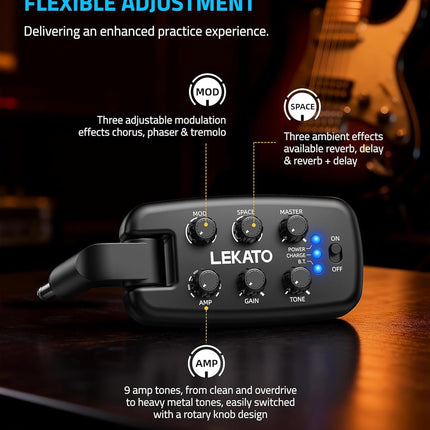 LEKATO PA-2 Guitar Headphone Amp for Electric Guitar, Bass Guitar Headphone Amplifier for Portable Practice, 9 Amp Models, 3 Mod Effects, 3 Space Effects, with Bluetooth Receiver, USB OTG Recording