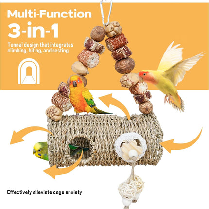 Bird Nest for Cage with Natural Chewing Toys,Hideaway Shelter Hut Parakeet Hanging Bird Tunnel Bed with Handwoven Breathable Seagrass , Small Parakeet Bed for Canary, Budgie Rest & Chew & Play(SD)