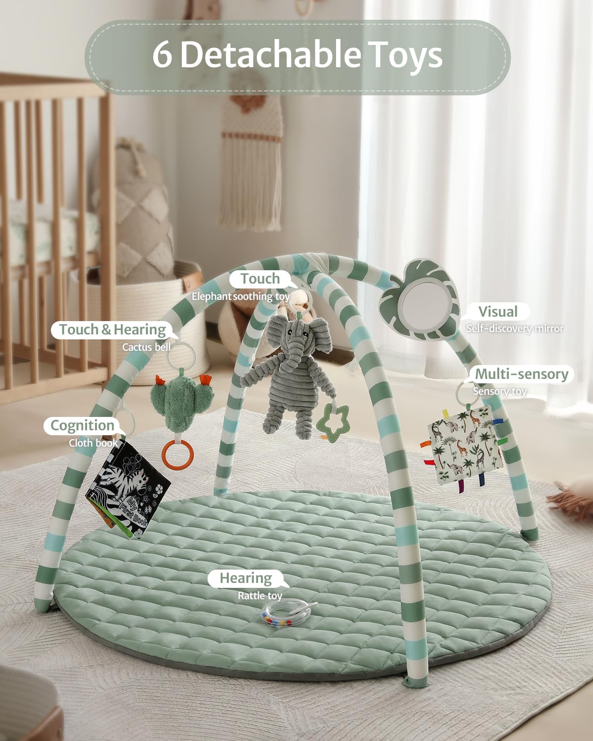 Sage Green Baby Play Gym Mat with 6 Detachable Toys - photo 3