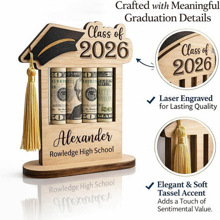Personalized Graduation Gifts Class of 2026 Money Holder - Custom Name & School Graduation Money Gift Holder for Him Her, Senior Wooden Cash Display Standing Scroll Holder, Unique Graduate Keepsake