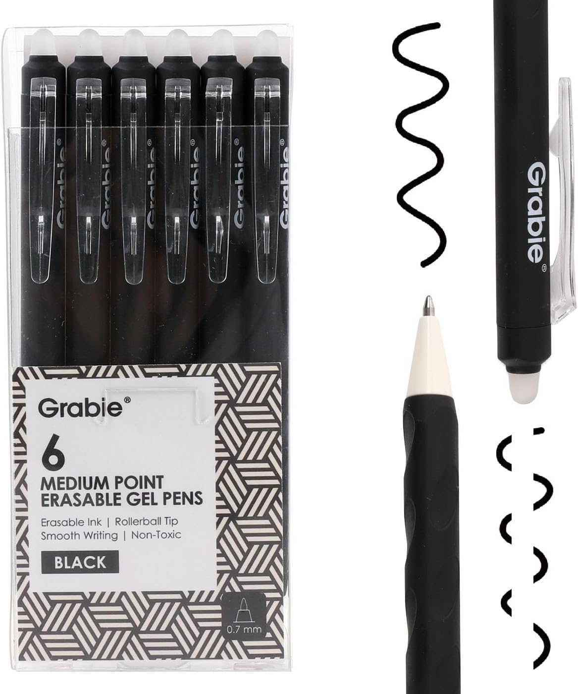Erasable Gel Pens, Medium Point 0.7 mm, Pack of 6, Black